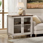 WAMPAT Farmhouse End Table with Ample Storage, Large Mid Century Modern Wood Bedside Table Night Stand, Wide Sofa Side End Table with Glass Doors, Cabinet for Living Room, Bedroom, Rustic White