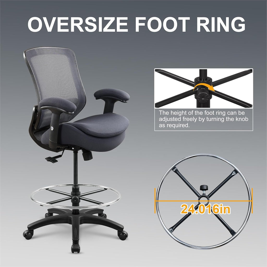 400lbs Office Drafting Chair Wide Dual Seat Cushion Height Adjustable Armrest for High Standing Desk with Lumbar Support and Enlarged Adjustable Footrest (Black Frame Gray Fabric)