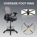 400lbs Office Drafting Chair Wide Dual Seat Cushion Height Adjustable Armrest for High Standing Desk with Lumbar Support and Enlarged Adjustable Footrest (Black Frame Gray Fabric)