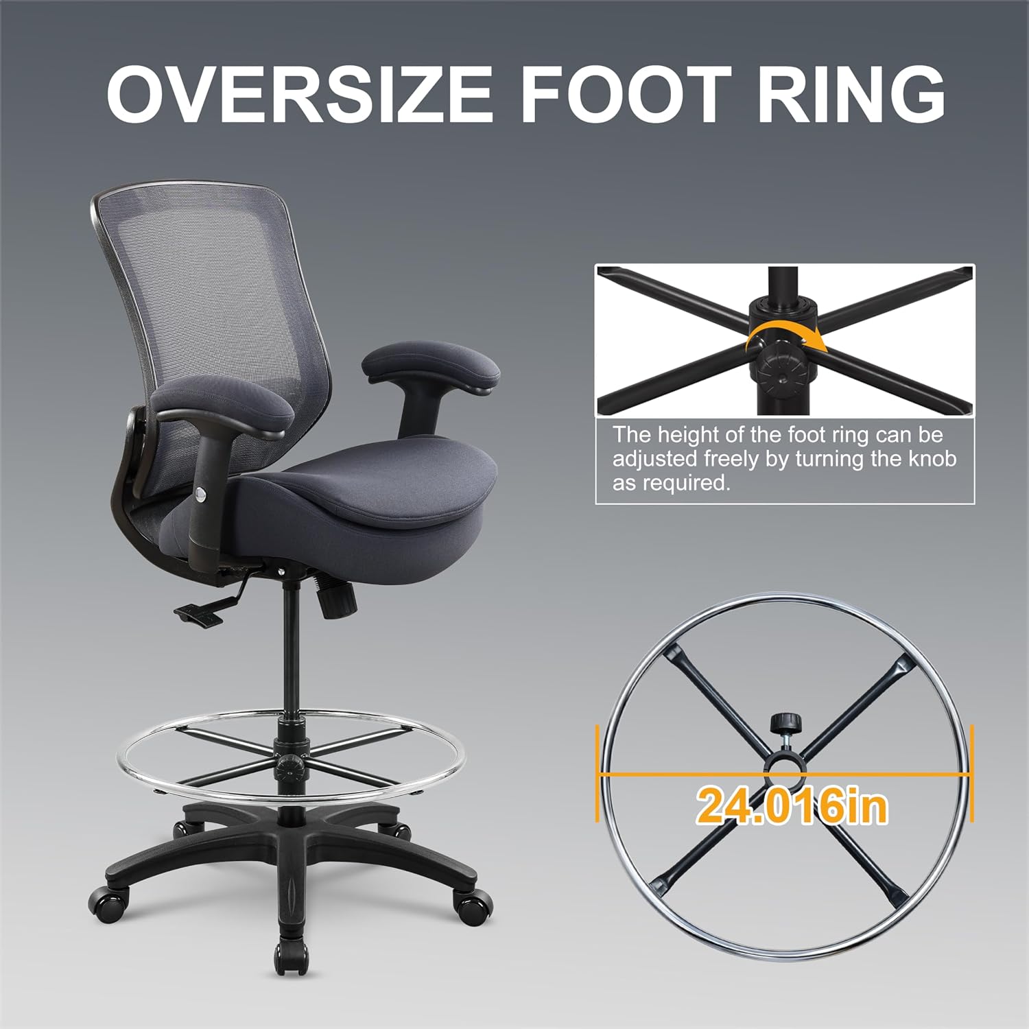 400lbs Office Drafting Chair Wide Dual Seat Cushion Height Adjustable Armrest for High Standing Desk with Lumbar Support and Enlarged Adjustable Footrest (Black Frame Gray Fabric)