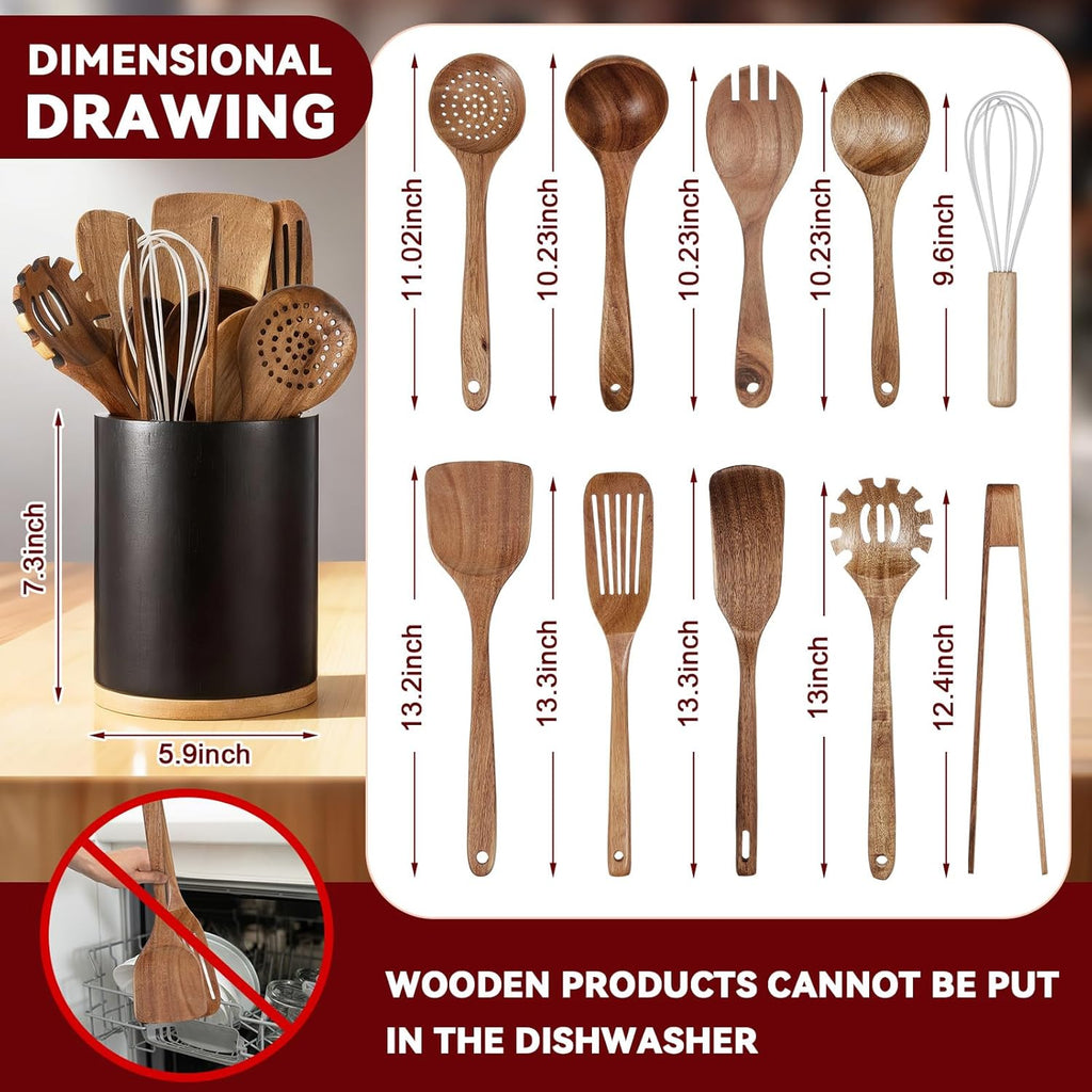 SiliFine 11 Pcs Wooden Kitchen Utensils Set with 360° Rotating Holder Acacia Wood Cooking Utensils with Cooking Spoons Spatulas for Nonstick Cookware Countertop(Straight Wood Holder,Black)