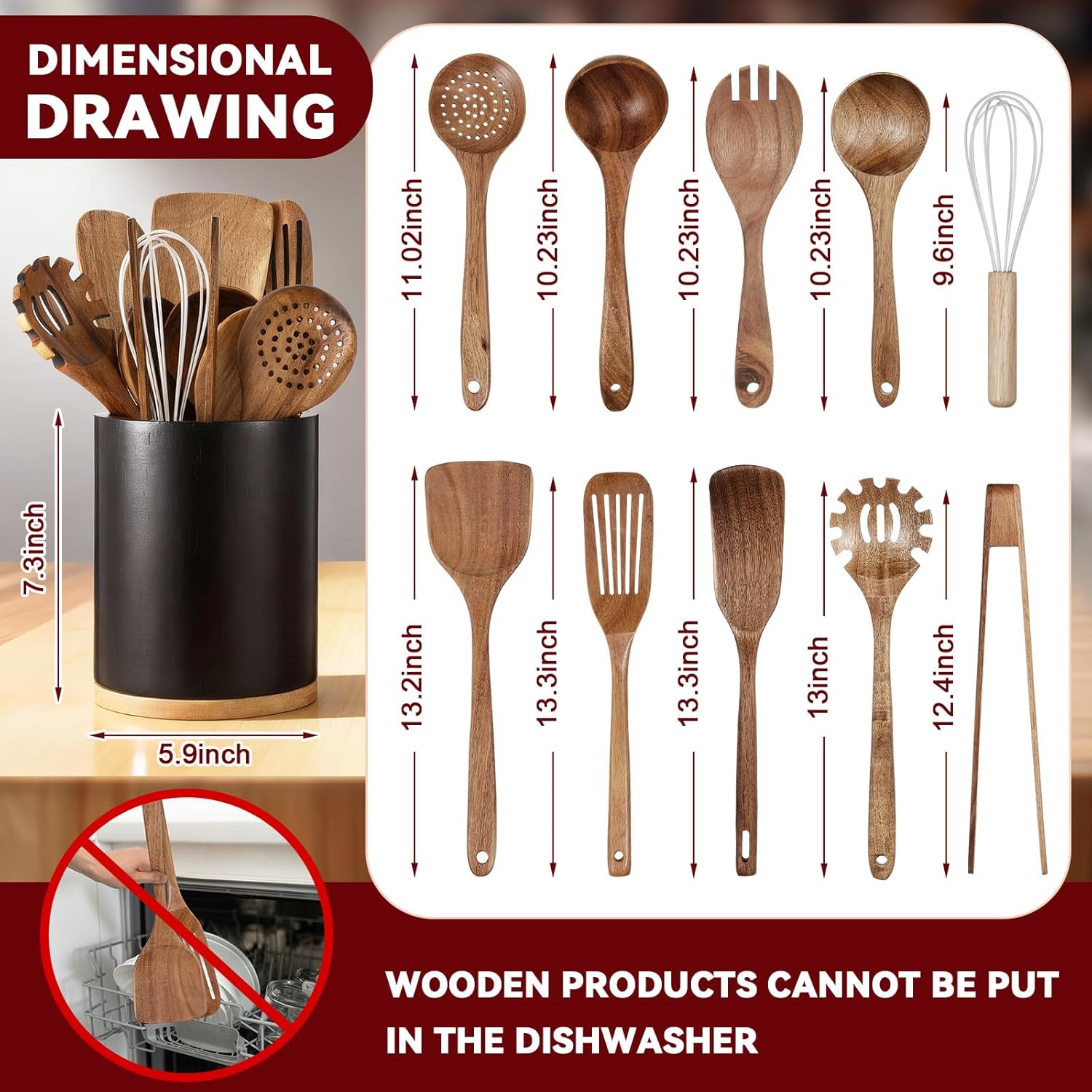 SiliFine 11 Pcs Wooden Kitchen Utensils Set with 360° Rotating Holder Acacia Wood Cooking Utensils with Cooking Spoons Spatulas for Nonstick Cookware Countertop(Straight Wood Holder,Black)