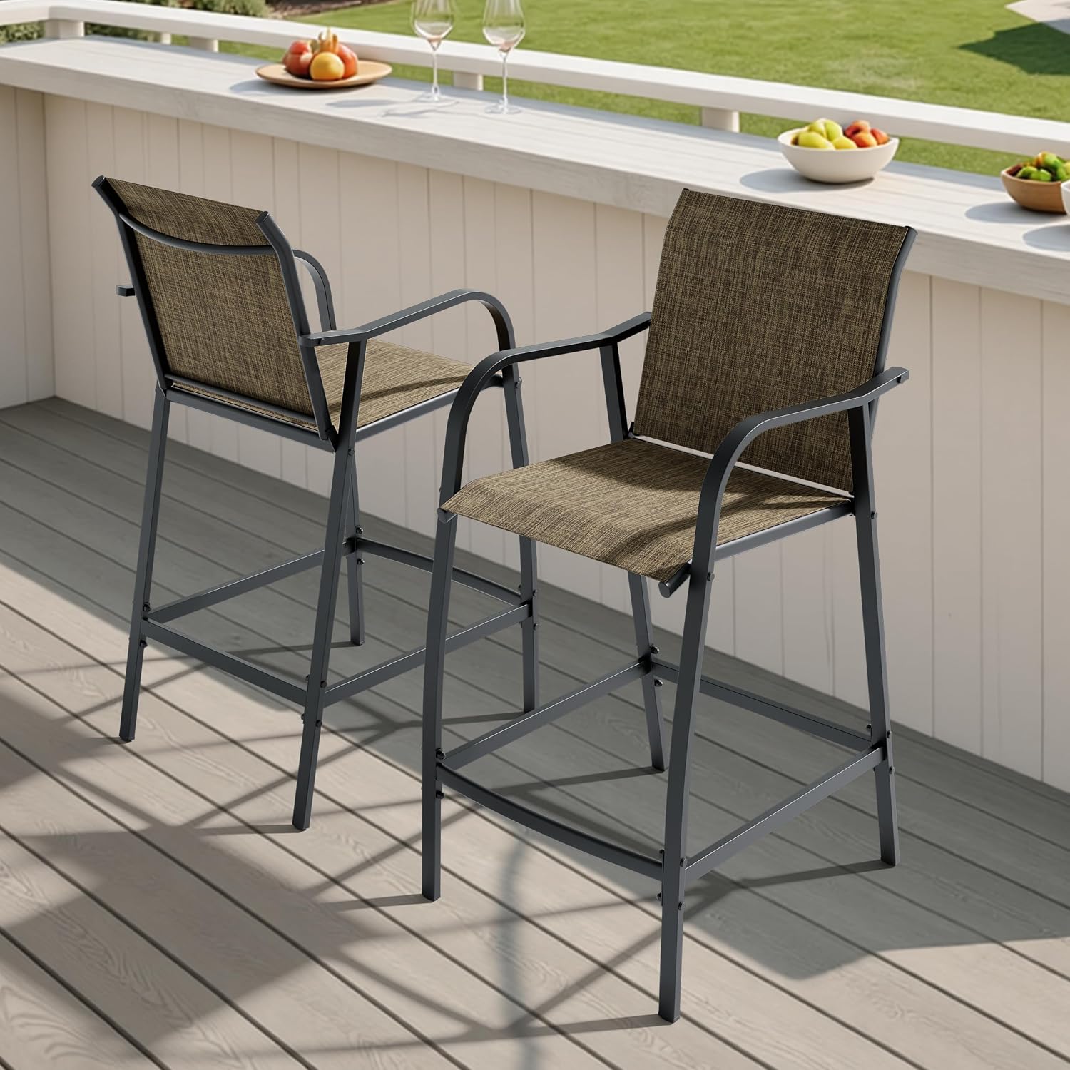 Pellebant 28.7" Outdoor Bar Stools Set of 2, Metal Patio Barstools with Back & Armrest, All-Weather Textilene Bar Height Chairs for Patio, Garden, Balcony, Brown
