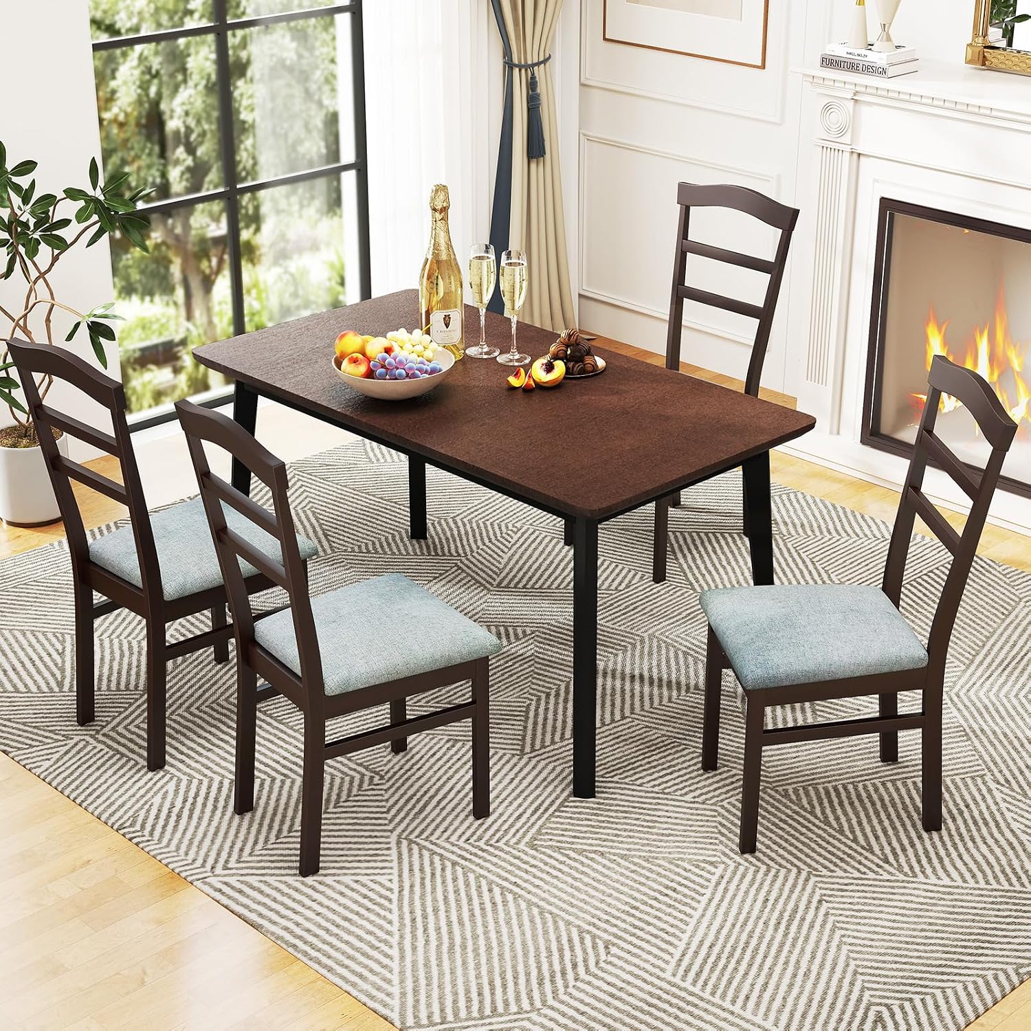 Giantex Wooden Dining Chairs Set of 4, Upholstered Kitchen Chair w/Rubber Wood Frame, Linen Fabric Padded Seat, High Curved Back, Farmhouse Accent Side Chairs for Dining Room Living Room