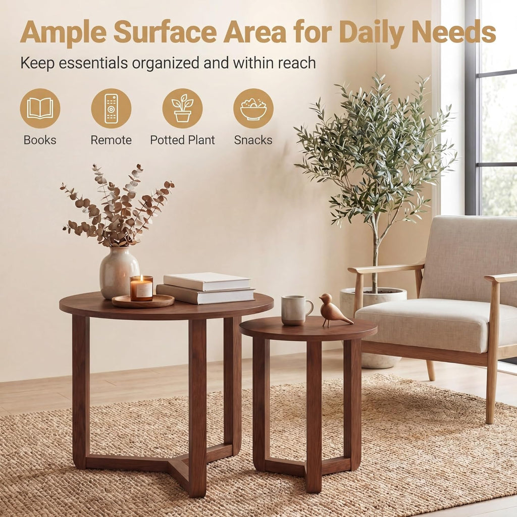 Tangkula Round Nesting Coffee Table Set of 2, Farmhouse End Tables with Solid Rubber Wood Tripod Legs, Compact Sofa Side Tables for Living Room Bedroom Small Spaces (Walnut)