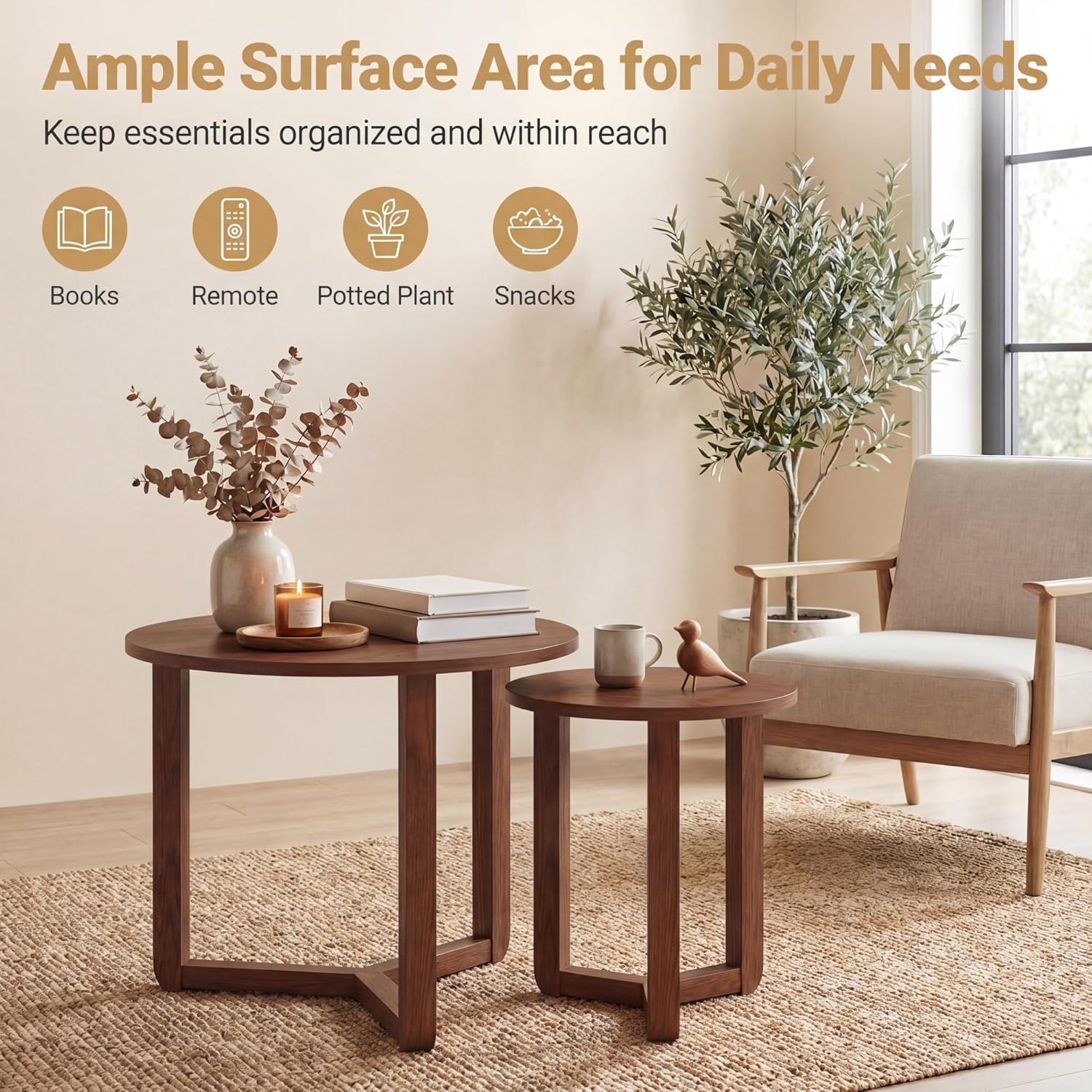 Tangkula Round Nesting Coffee Table Set of 2, Farmhouse End Tables with Solid Rubber Wood Tripod Legs, Compact Sofa Side Tables for Living Room Bedroom Small Spaces (Walnut)