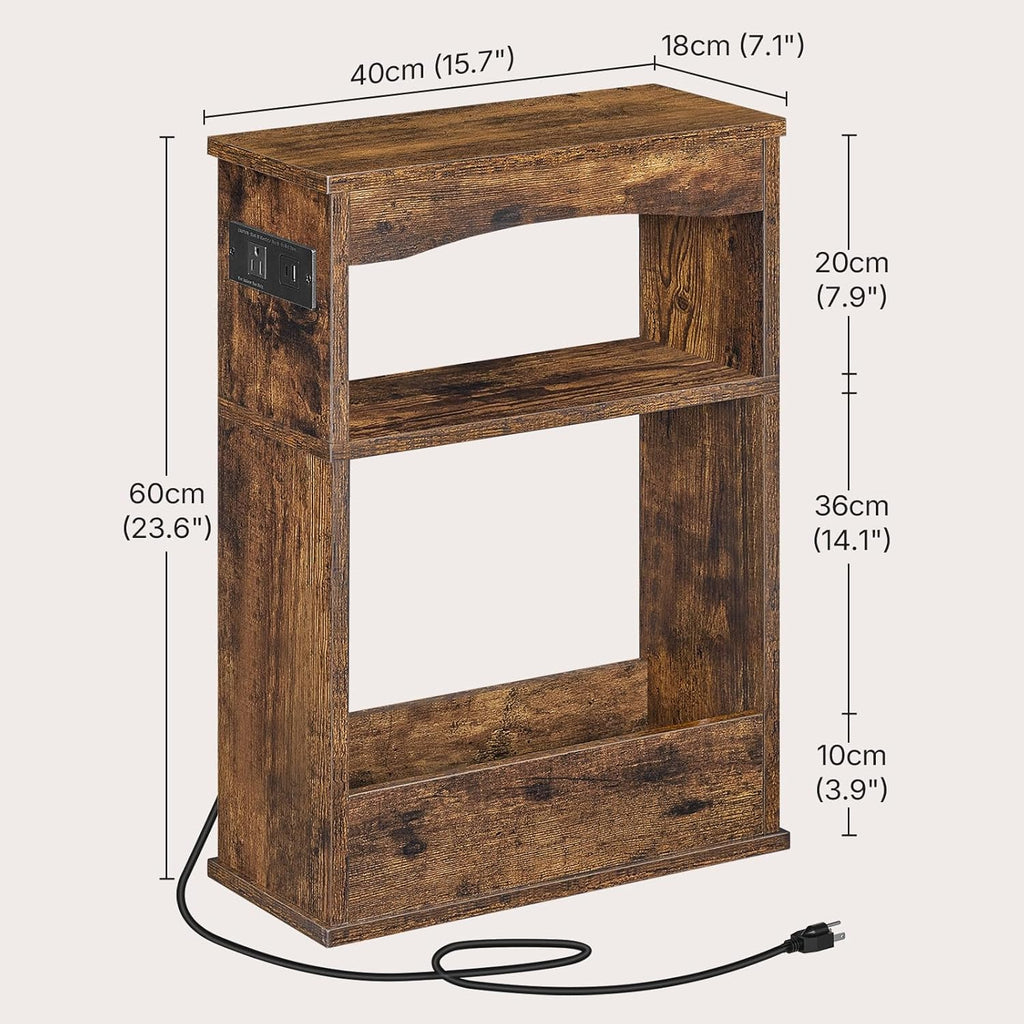 YATINEY Narrow Side Table, Wooden Skinny End Table, Slim Nightstand | Charging Station, 3-Tier Storage Shelves, Small Space