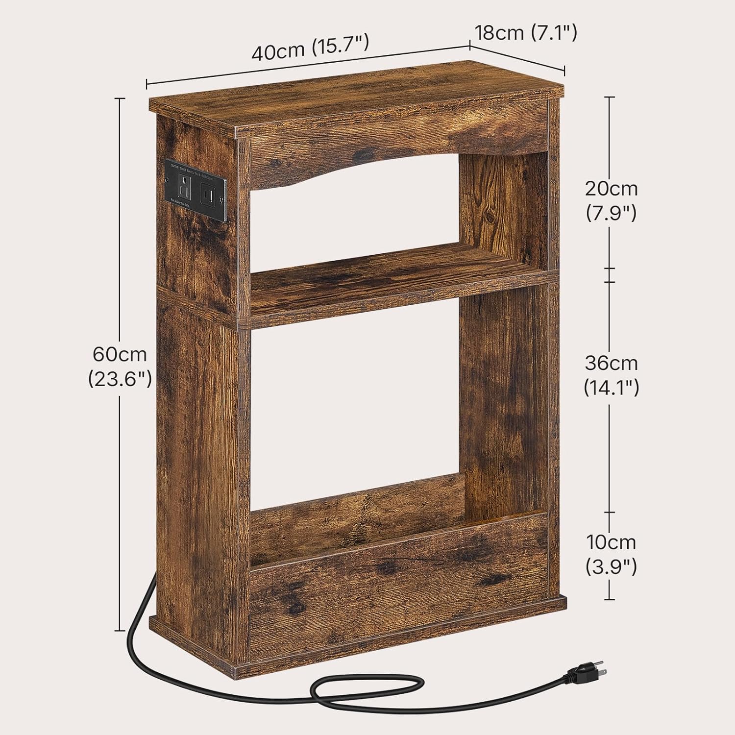 YATINEY Narrow Side Table, Wooden Skinny End Table, Slim Nightstand | Charging Station, 3-Tier Storage Shelves, Small Space