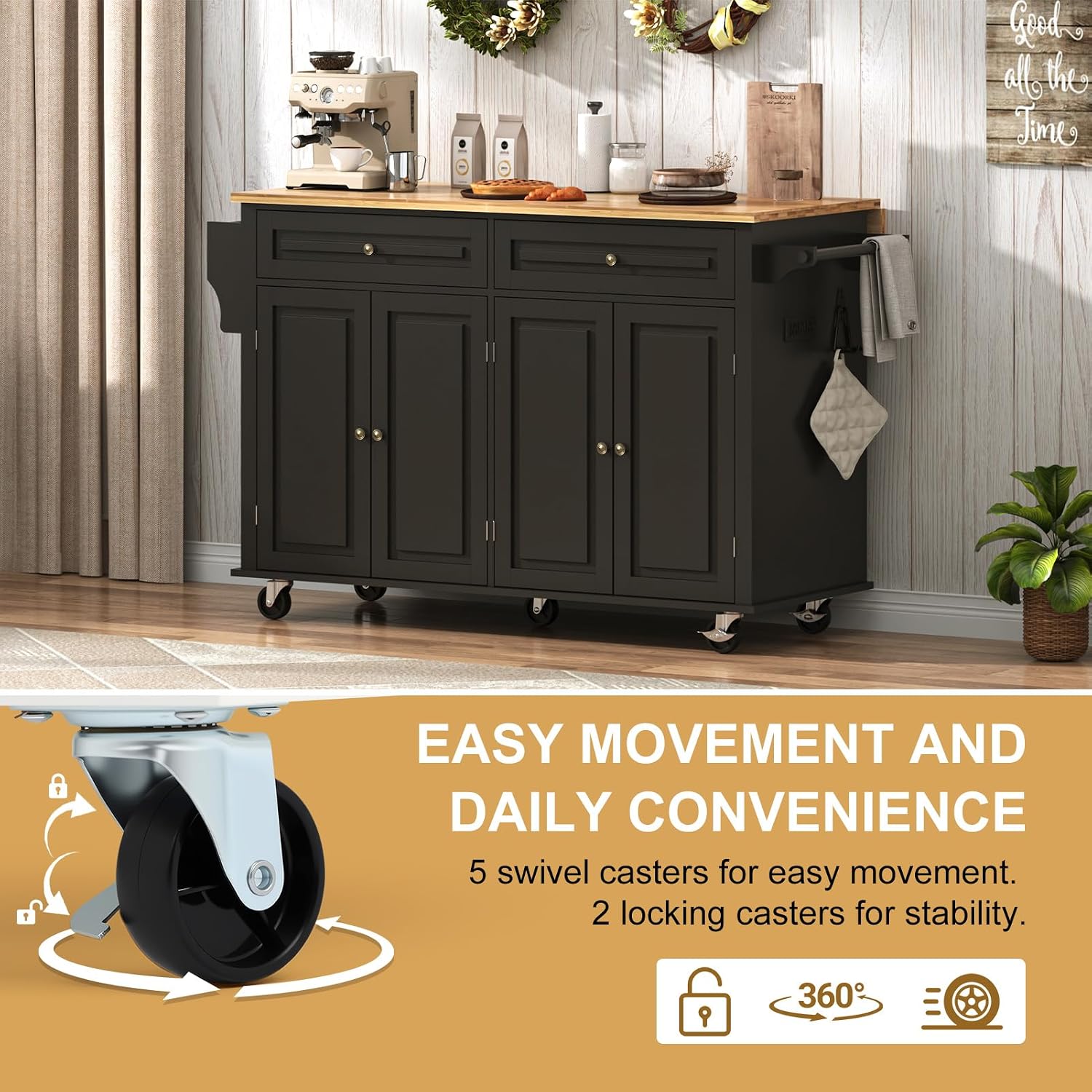 Gitua 59" W Rolling Kitchen Island with Drop Leaf, Movable Kitchen Carts on Wheels Island with Storage Cabinet&Charging Station, Island Table for Kitchen w/Rubber Wood Top, Rack, Hook, Drawers, Black