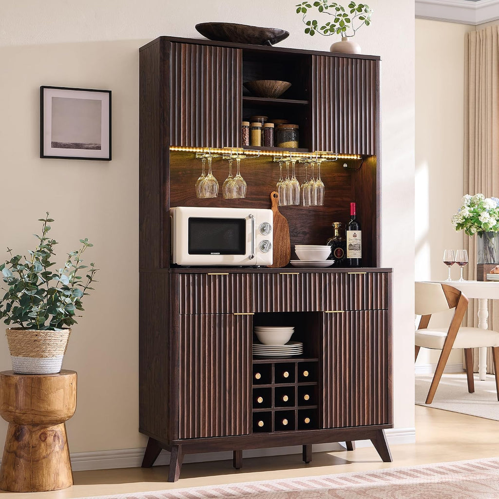 OKD 72" Tall Fluted Wine Cabinet, Modern Coffee Bar Cabinet, Dark Walnut | Charging Station, Led Lights, 4 Stemware Racks, 9 Wine Racks, 3 Drawers, 4 Cabinets, 2 Open Shelf, Home Bar Storage
