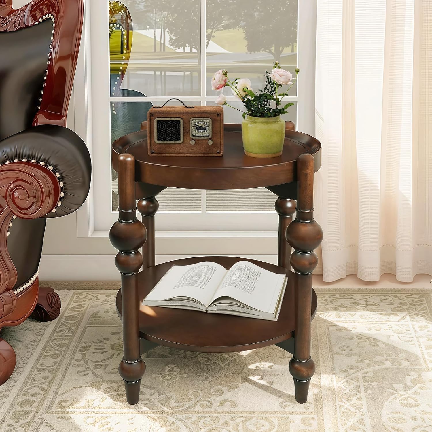 23" Round End Table with Solid Wood Frame, Small Side Table with Wood Shelf for Living Room Small Space Office Apartment, Walnut