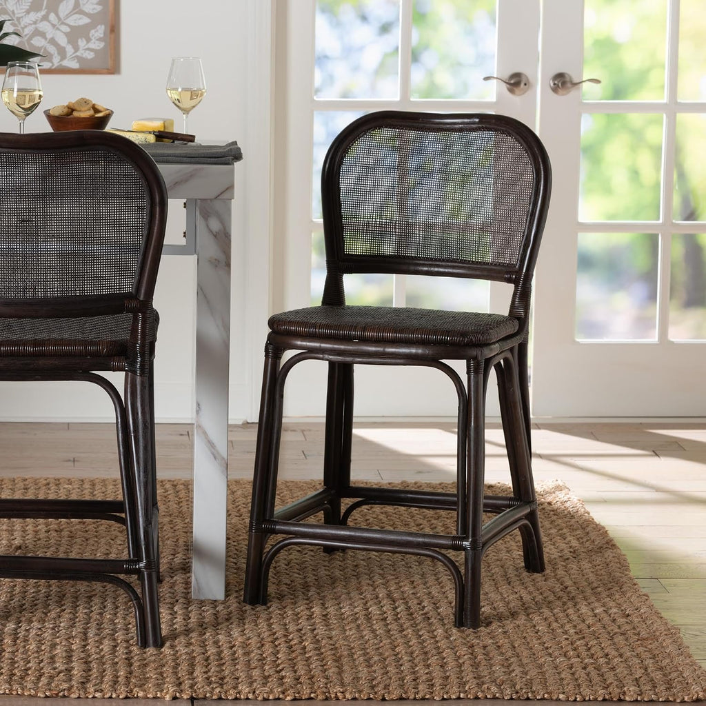 Bali & pari Irene Natural Rattan Counter Stool - Handwoven Wicker Accent Stool with Lattice Backrest for Kitchen Island Seating