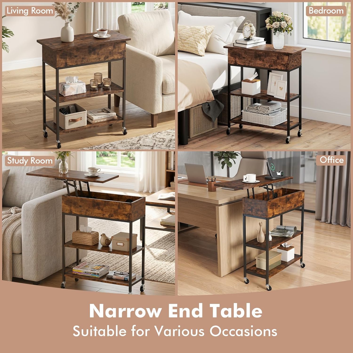 Giantex Lift Top End Table with Charging Station, Narrow Side Table with Hidden Storage, USB and Type-C Ports, Rolling Sofa Table with Lockable Wheels for Living Room Bedroom, Rustic Brown