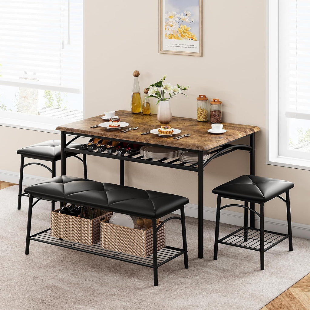 Dining Table Set for 4, Kitchen Table Set with 2 Chairs and 1 Bench, Modern Metal Frame Dining Furniture Set with Storage Rack for Small Space, Apartment, Restaurant