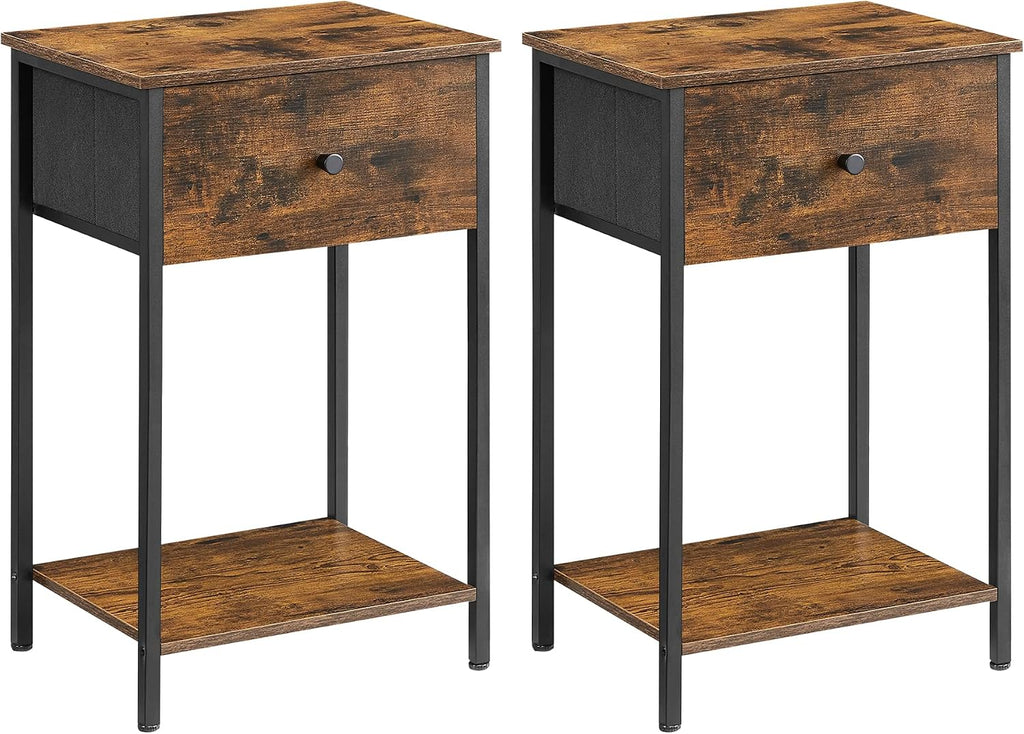 VASAGLE Nightstands, Set of 2 Side Tables with Fabric Drawer, 24-Inch Tall End Tables with Storage Shelf, Bedroom, Rustic Brown and Black ULGS221B01V1
