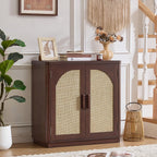 LEYAOYAO Rattan Sideboard Buffet Cabinet with Storage, 31.5" Coffee Bar Cabinet with Arch Doors & Adjustable Shelves, Wood Credenza, Boho Accent Cabinet for Kitchen, Living Room, Walnut