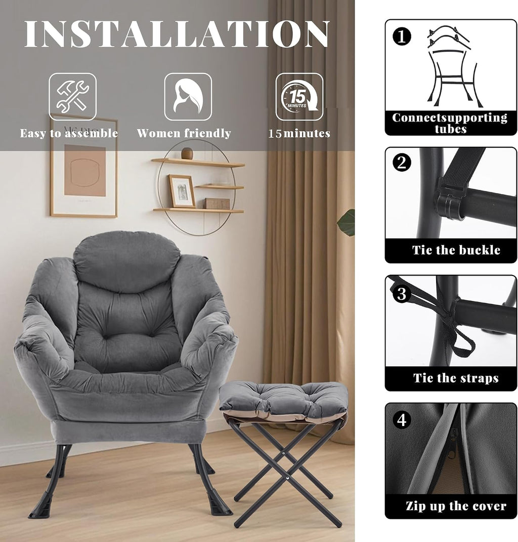 Lazy Chair with Ottoman, Comfy Accent Lounge Chair with Side Pocket, Modern Reading Armchair with Footrest, Upholstered Sofa Chair for Small Spaces, Bedroom, Living Room, Dorm, Darkgrey