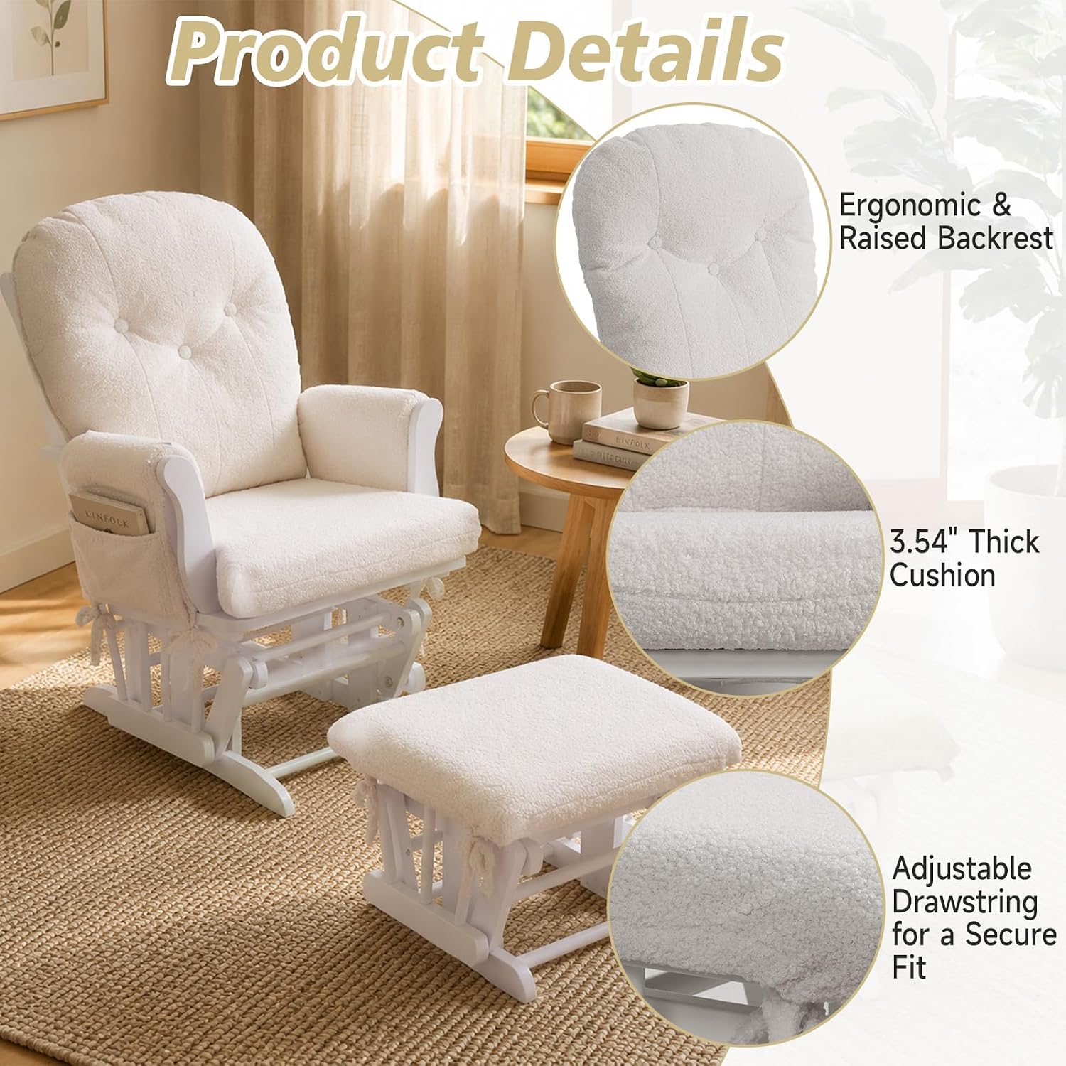 5PCS Glider Rocker Replacement Cushions with Ottoman Cover, Tufted High Back & Teddy Plush Rocking Chair Cushion Set, Thickened 3.5'' Glider Cushions with Side Pockets for Indoor Nursery, Cream