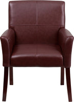 EMMA + OLIVER Burgundy LeatherSoft Executive Side Reception Chair with Mahogany Legs