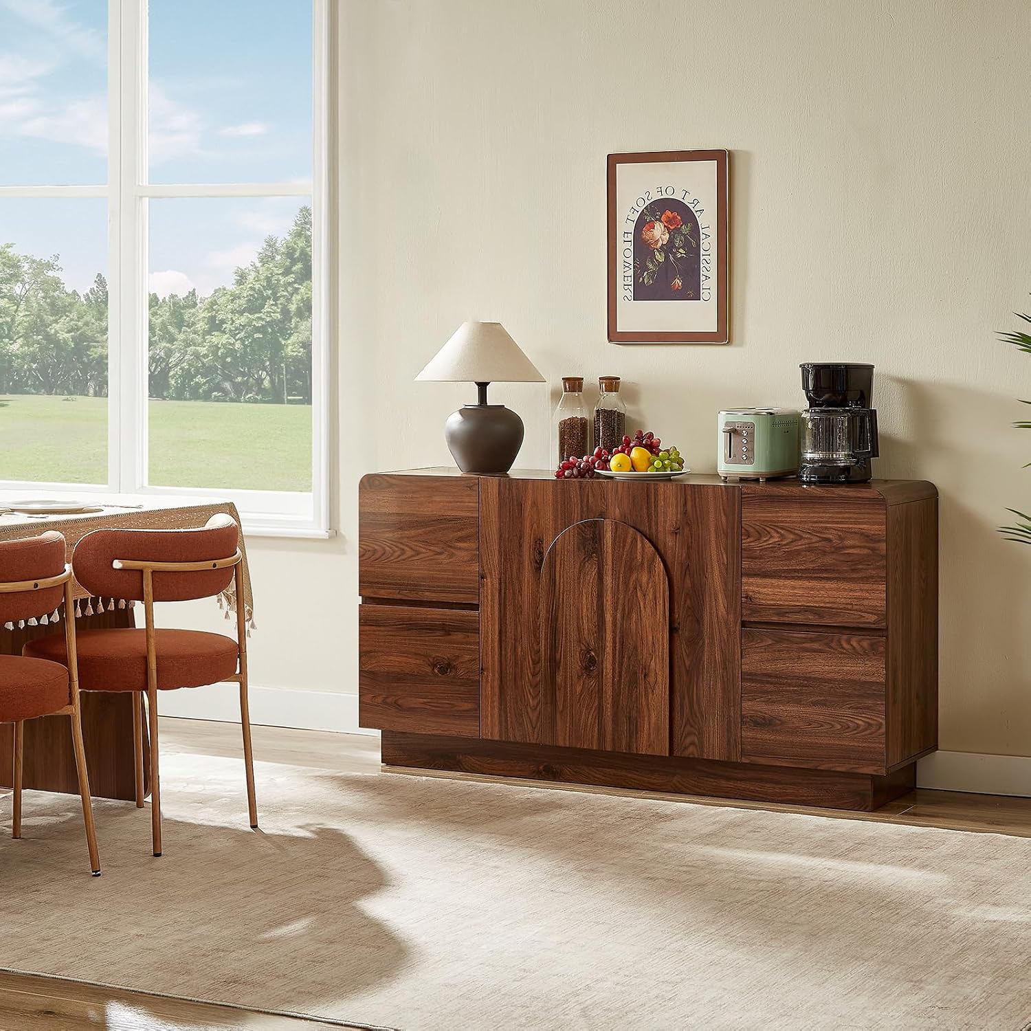 ONBRILL 60 Inch Sideboard with 4 Drawers & Adjustable Shelves, Curved Design Buffet Cabinet with Arched Doors, Mid Century Modern Accent Cabinet for Dining Room/Living Room/Entryway, Walnut