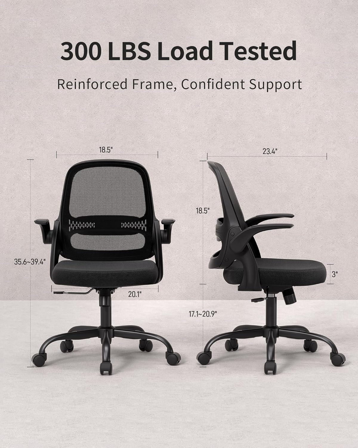 Ergonomic Mesh Office Chair with Flip-Up Arms, Adjustable Height, Breathable Mesh Back & Thick Cushion Seat, 360° Swivel Rolling Computer Desk Chair, BIFMA Certified, Supports 300 lbs (Black)