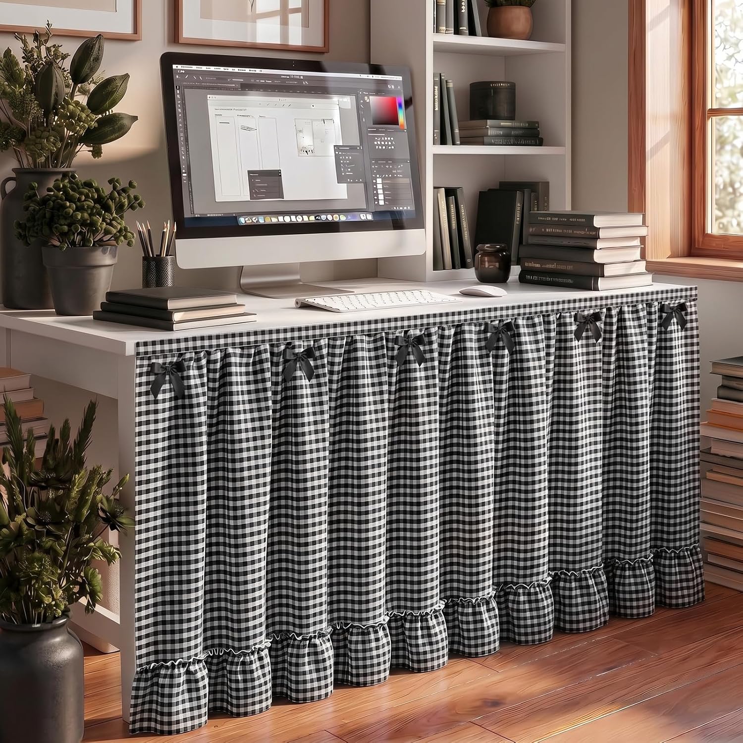 Tudomro Cabinet Curtains 56" x 28" Sink Skirt for Bathroom Kitchen Office Desk Black Ruffle Gingham Cabinet Curtains for Classroom Office Home Drape Under Desk Privacy Drape for Laundry Room