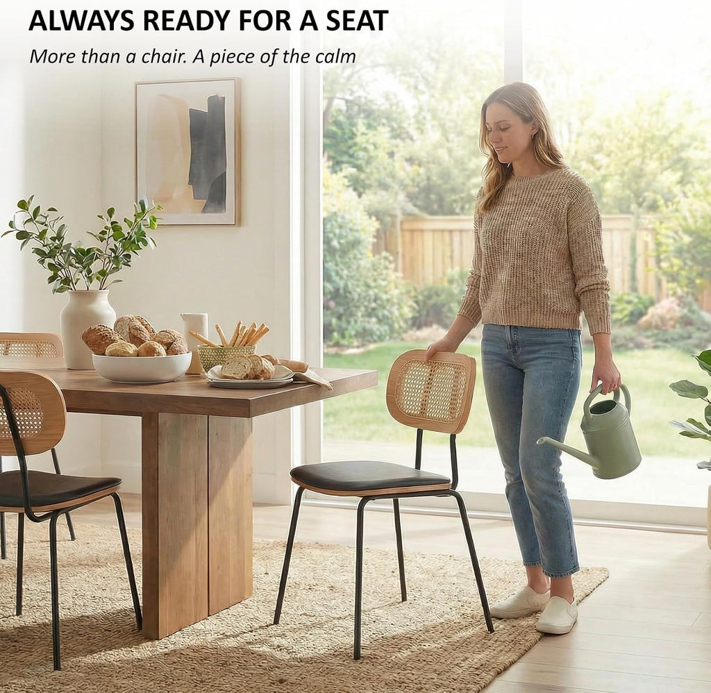 Ya-Home Mid-Century Modern Rattan Cane Back Dining Chairs Set of 4 — PU Leather Upholstered Seat, Black Metal Legs, Kitchen Side Chairs for Kitchen & Dining Room, Black