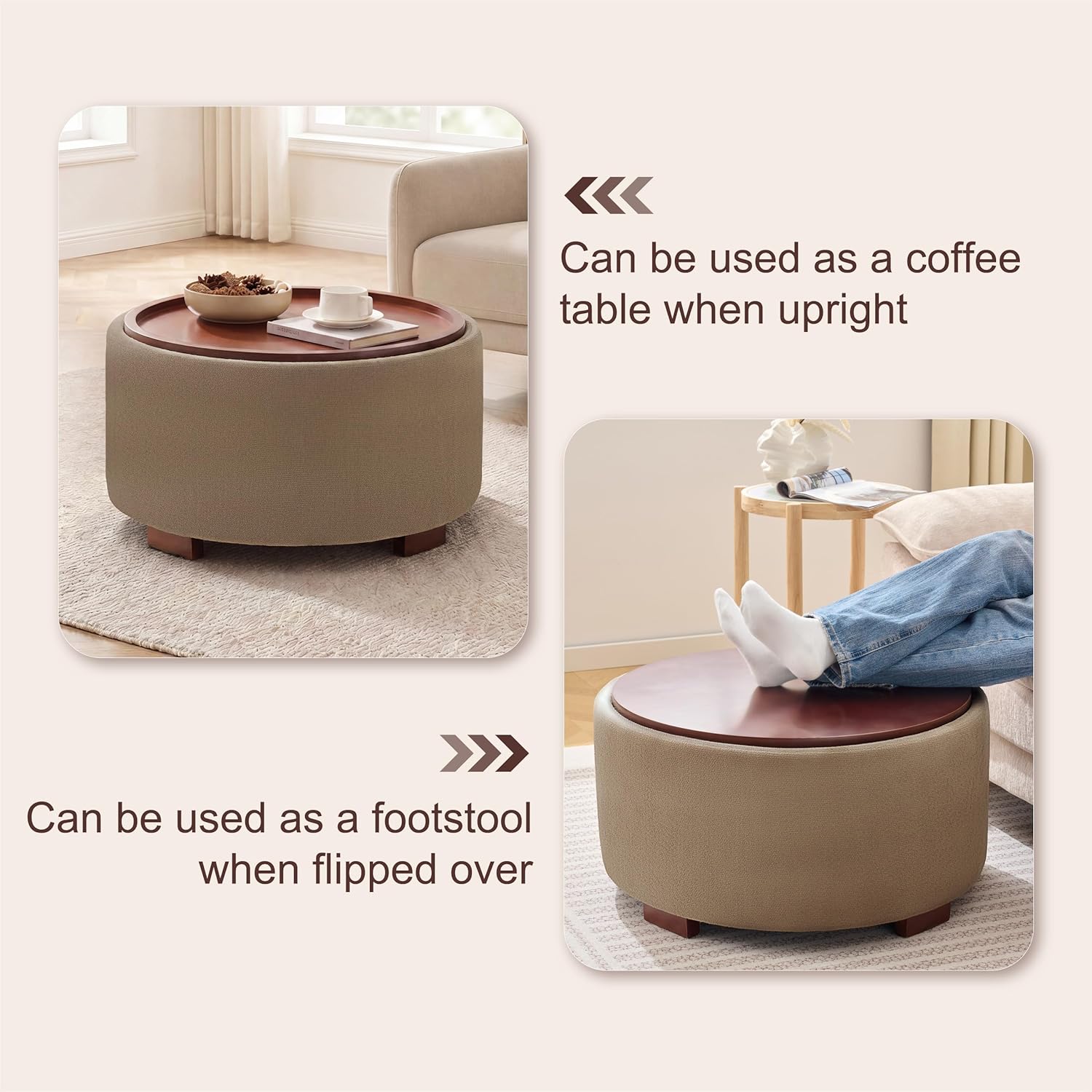 Huatean Home 29.1 Inch Round Coffee Table, Storage Ottoman with Removable Lid Top and Solid Wood Legs, Round Ottoman with Storage for Living Room, Bedroom, Corners, Entryway, Boucle Ottoman, Camel