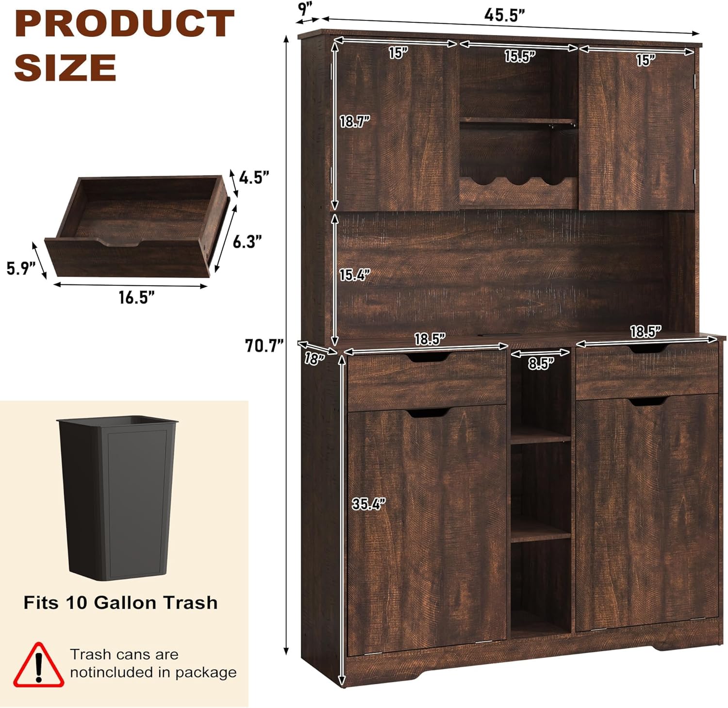 71"H Kitchen Pantry Storage Cabinet with Power Outlets and Two Drawers,10X2 Gallon Kitchen Hidden Double Tilt Out Trash Can Cabinet with Trash Bin Storage Holders,Laundry Hamper Cabinets(Brown)