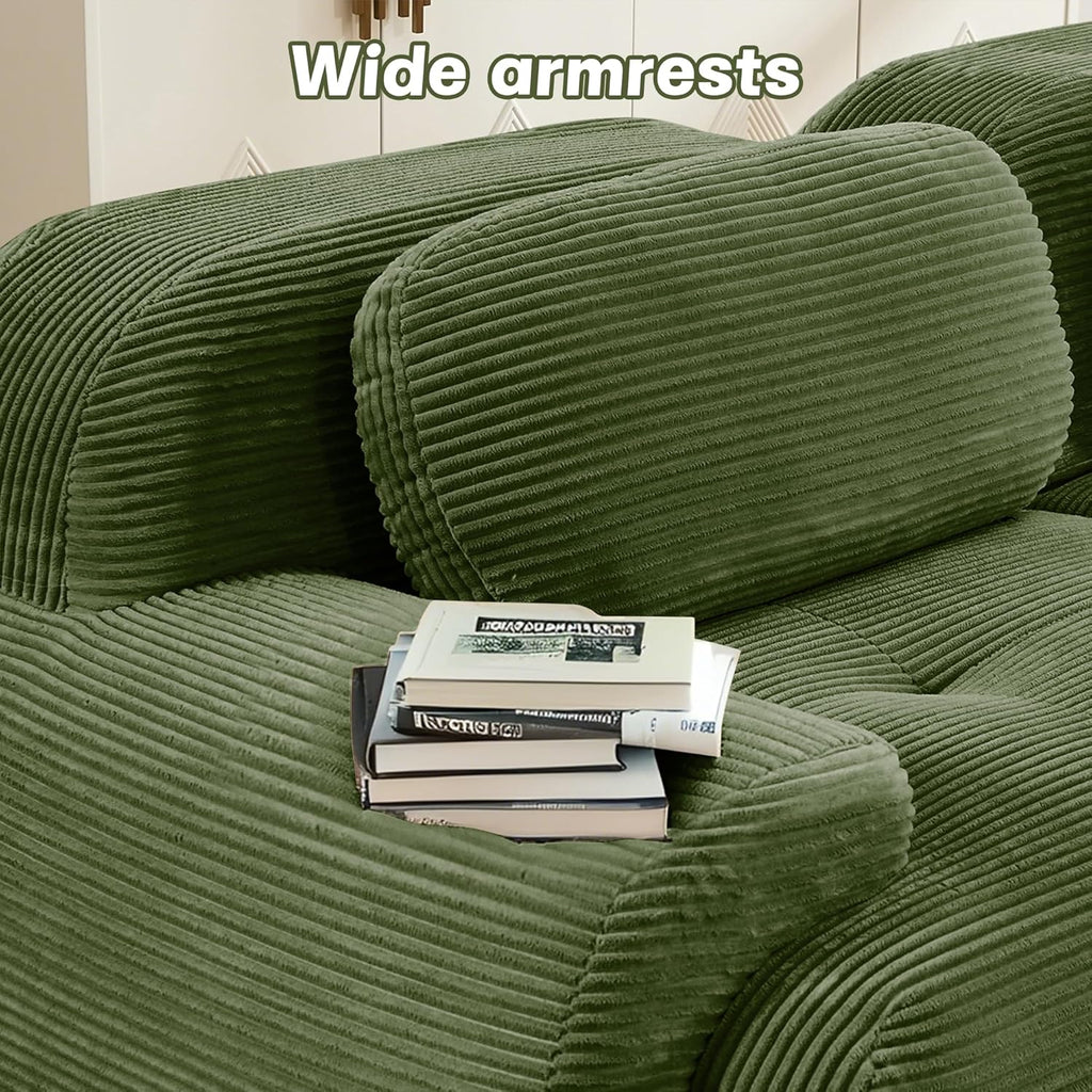 SoarFlash 81” Sectional Cloud Boneless Sofa Couches for Living Room-2 Seater U-Shaped Modern Lounge Couch-No Assembly Modular Corduroy Convertible Sponge Sleeper Sofas with Chaise for Home House,Green