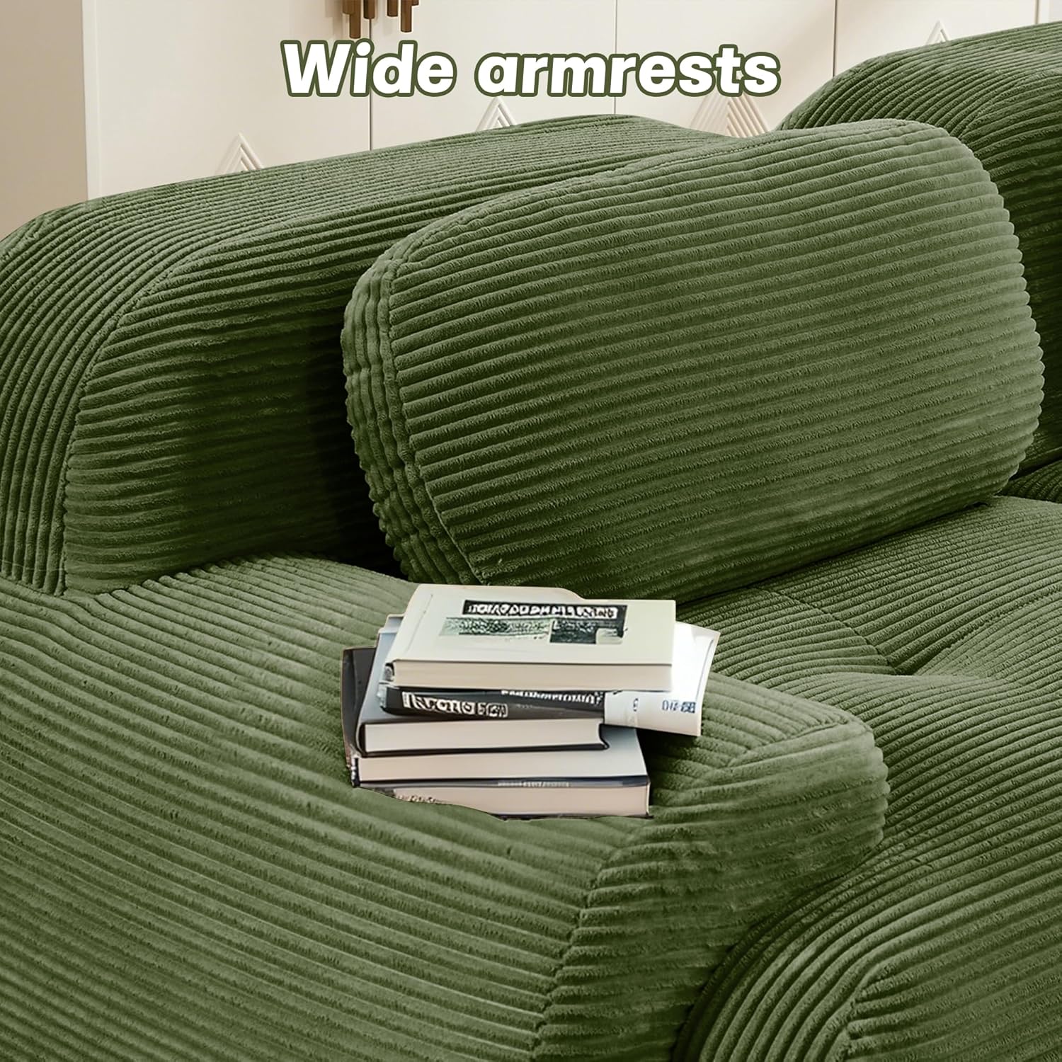 SoarFlash 81” Sectional Cloud Boneless Sofa Couches for Living Room-2 Seater U-Shaped Modern Lounge Couch-No Assembly Modular Corduroy Convertible Sponge Sleeper Sofas with Chaise for Home House,Green