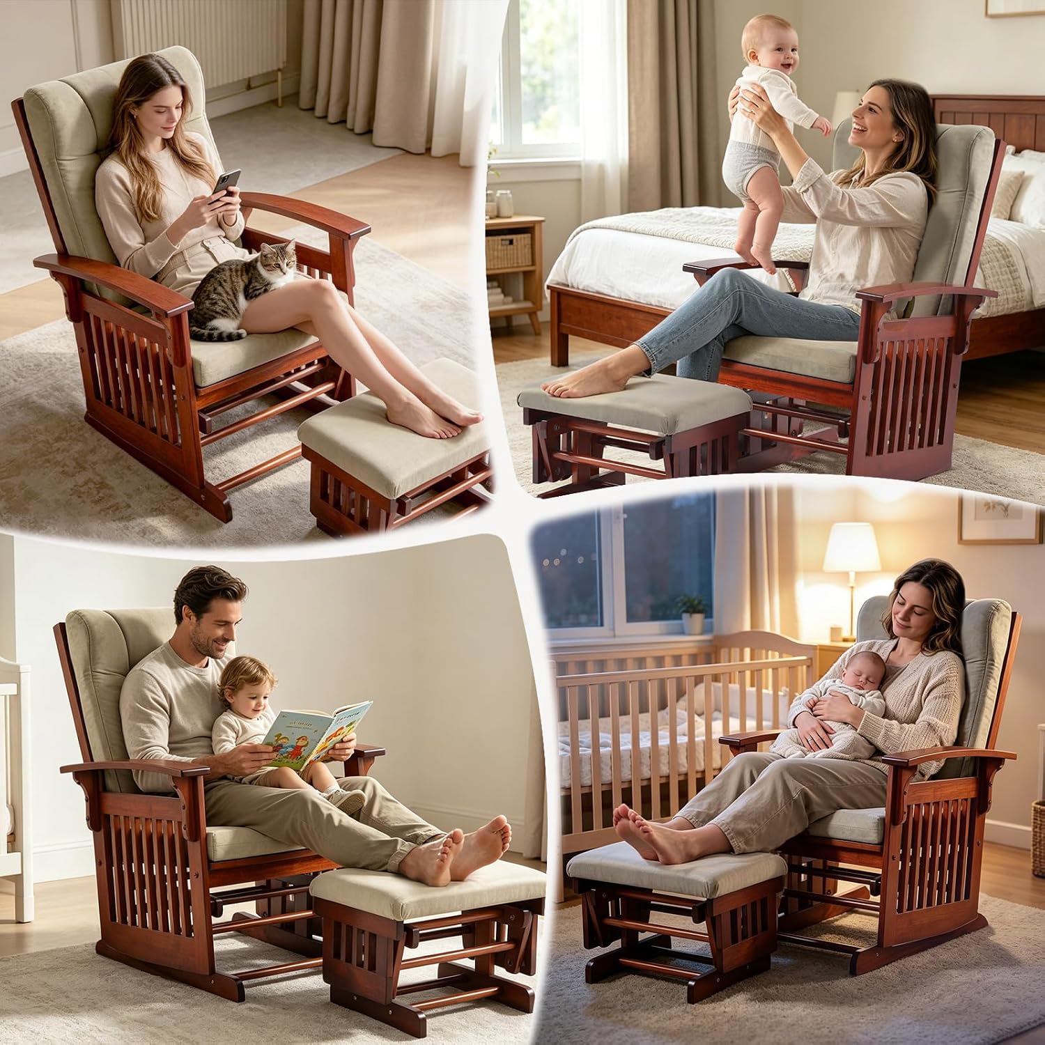 Glider Rocking Chair for the Nursery with Ottoman, 3A Solid Rubberwood Frame, Smooth-Gliding Rocking Chair,Easy to Assemble, for Nursery, Living Room, Bedroom, Classroom (Brown)