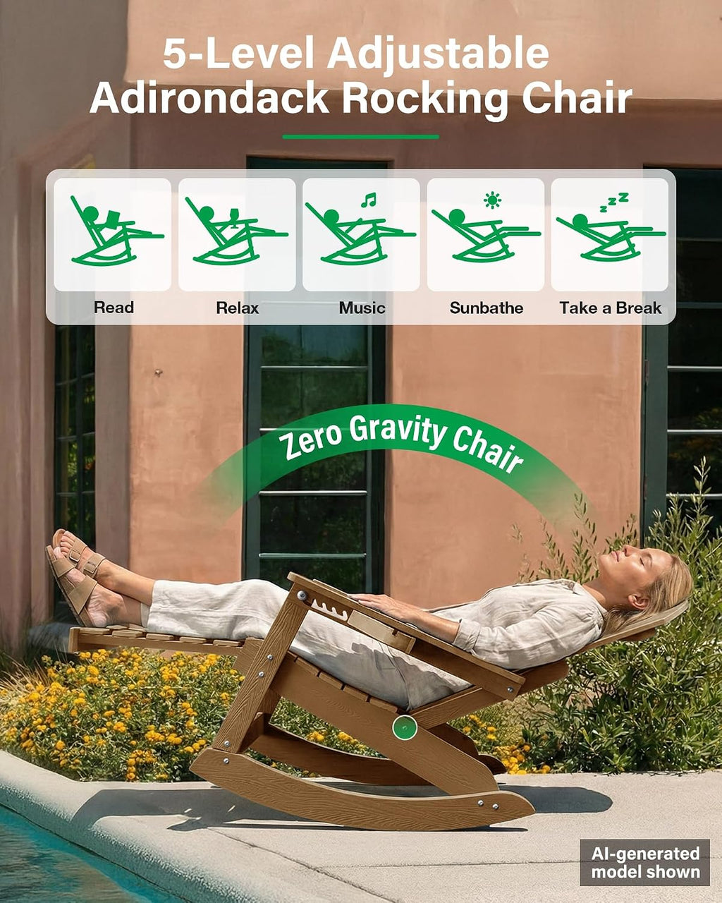 YEFU Adirondack Chairs with Retractable Ottoman: Oversize Adirondack Rocking Chairs - 5-Level Adjustable High Back - Outdoor Rocker with Cup Holder for Porch/Gardens/Lawn/Patio/Backyard/Teak