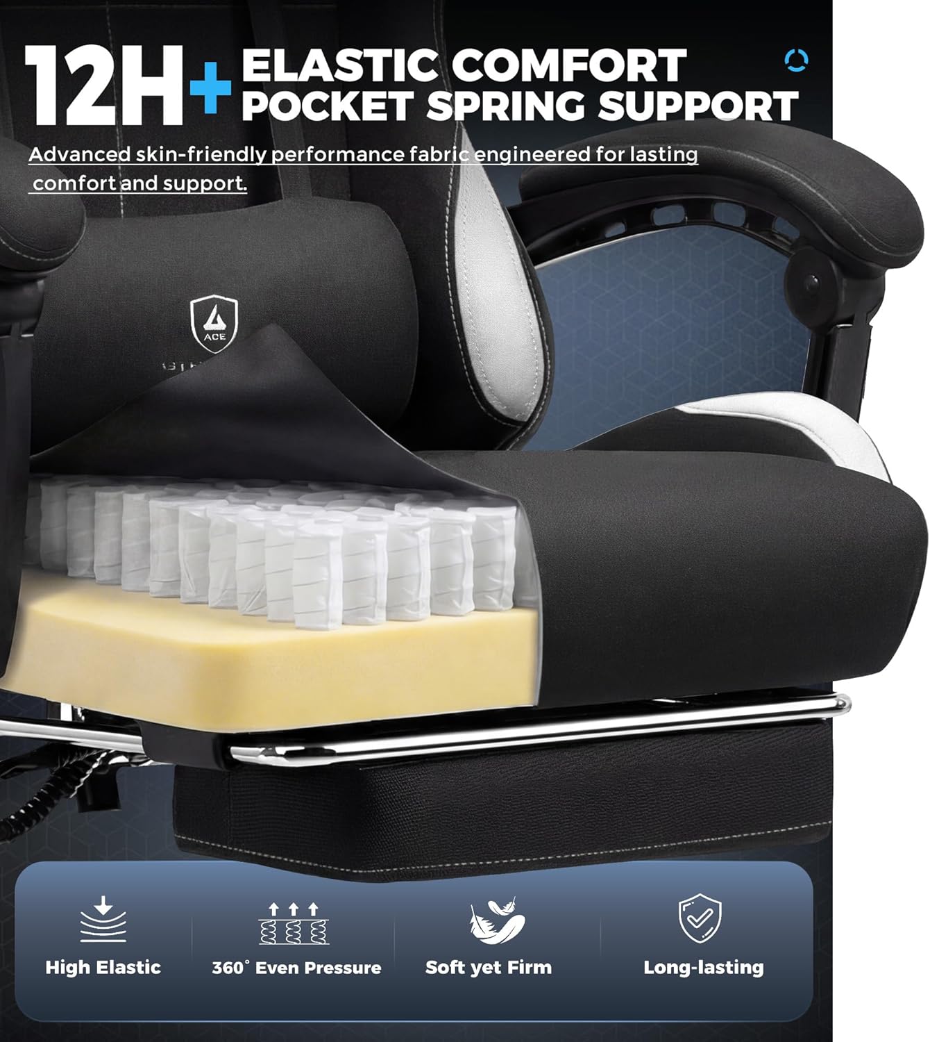 GTPLAYER Gaming Chair Fabric with Pocket Spring Cushion,Computer Office Chair with Lumbar Support for Adults Linkage Armrests and Footrest Ergonomic Gamings Chairs Height Adjustable Black