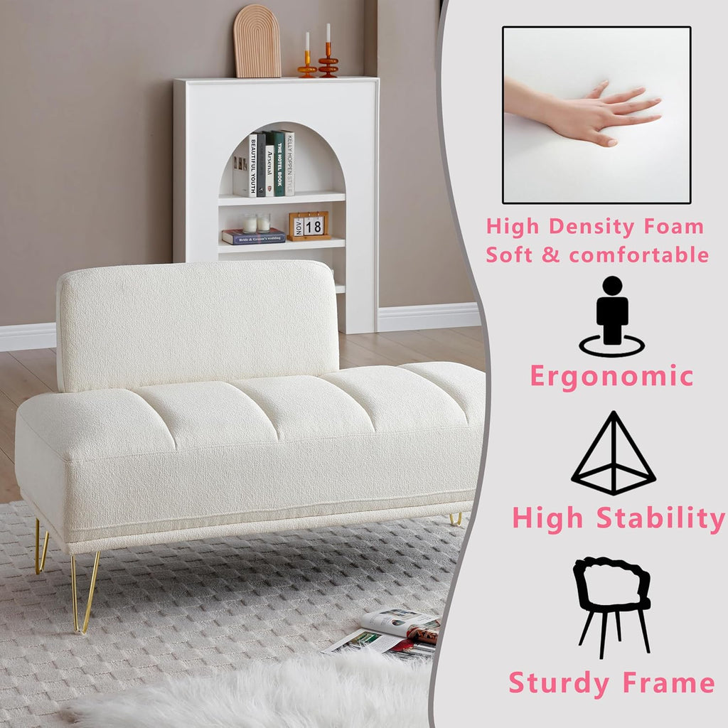 HRVEOCEI 56.3" Modern Ottoman Velvet Bench for Bedroom, Upholstered Entryway Footrest Window Bench with Backrest & Gold Metal Legs for Living Room (Beige)