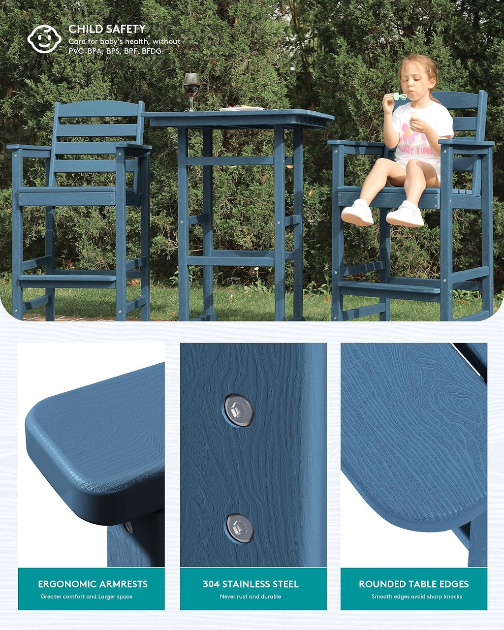 SERWALL 3 Pcs HDPE Bar Height Adirondack Chairs and Table Set, Blue