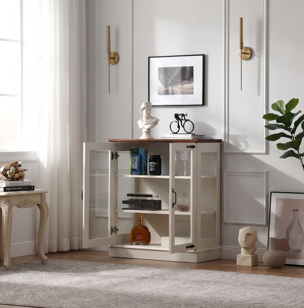 FOREST GRAVITY 31.5'' Small Display Buffet Cabinet with Glass Doors for Great Showcase,Small Coffee bar Cabinet with one Adjustable Shelf and one Fixed Shelf,Modern Sideboard Buffet for Kitchen,White