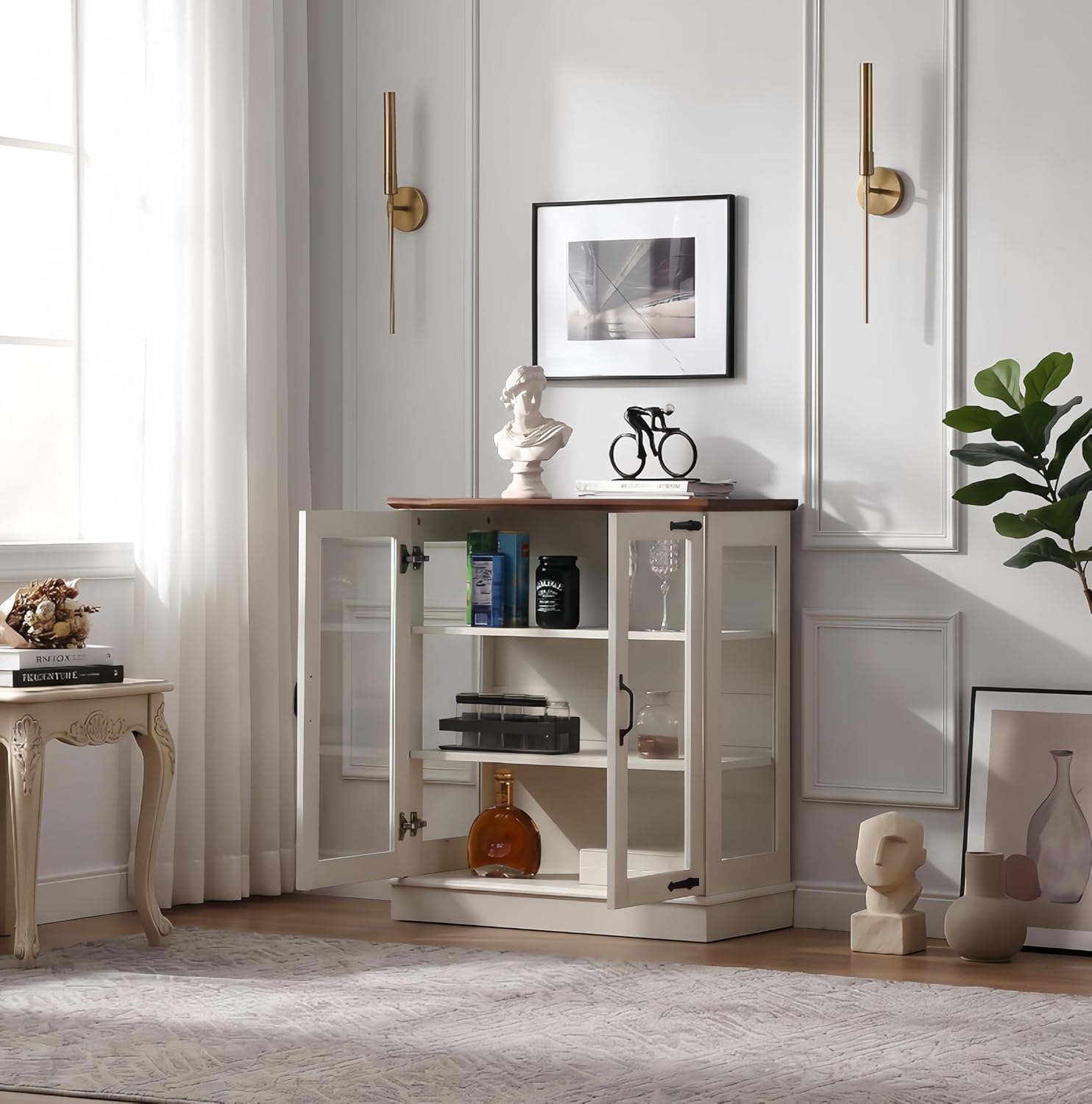 FOREST GRAVITY 31.5'' Small Display Buffet Cabinet with Glass Doors for Great Showcase,Small Coffee bar Cabinet with one Adjustable Shelf and one Fixed Shelf,Modern Sideboard Buffet for Kitchen,White