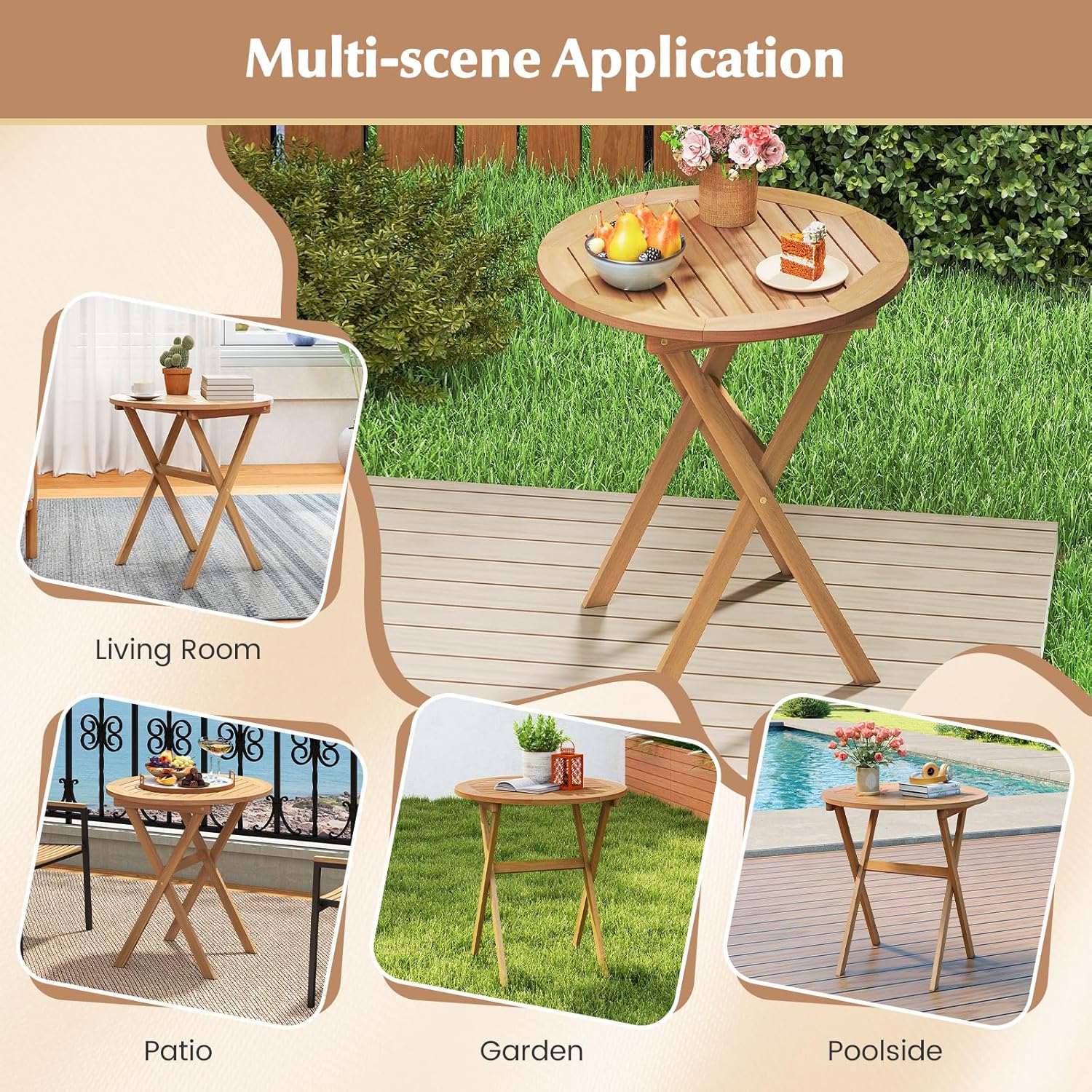 Tangkula 26-Inch Acacia Wood Outdoor Dining Table, Folding Round Patio Bistro Table with Slatted Tabletop & X-Shaped Frame, Outside Dining Table for Porch, Garden, Backyard, Poolside