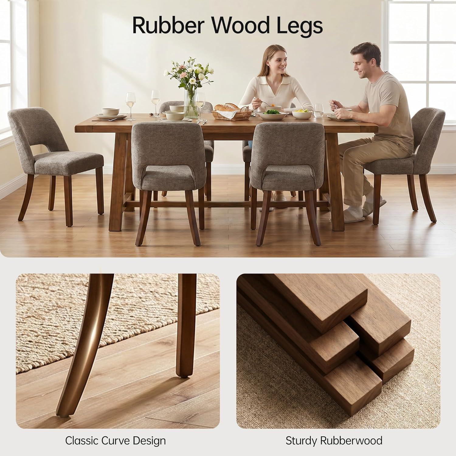 Usaint Wooden Dining Chairs Set of 6, Modern Upholstered Dining Room Chair Kitchen Chairs with Ergonomic Curved Backrest for Kitchen and Restaurant, Brown