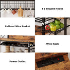 IRONCK Large Bakers Rack with Power Outlet, 62 Inch Wide Microwave Stand, Coffee Bar with Storage, Kitchen Racks and Shelves, Vintage Brown