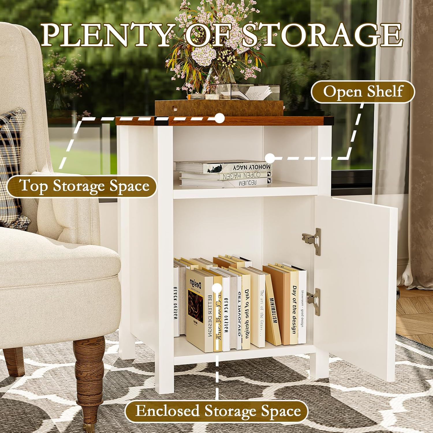 Farmhouse End Table Set of 2, Rustic Vintage End Side Table with Barn Door and Storage Shelf, White Wood Night Satnd for Bedroom, Living Room,White