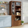 JOYSOURCE Tall Kitchen Hutch Cabinet with Pull-Out Shelves, Storage Drawer, Glass Doors Freestanding Pantry Large Kitchen Cupboard for Dining Room with Microwave Countertop Walnut Finish