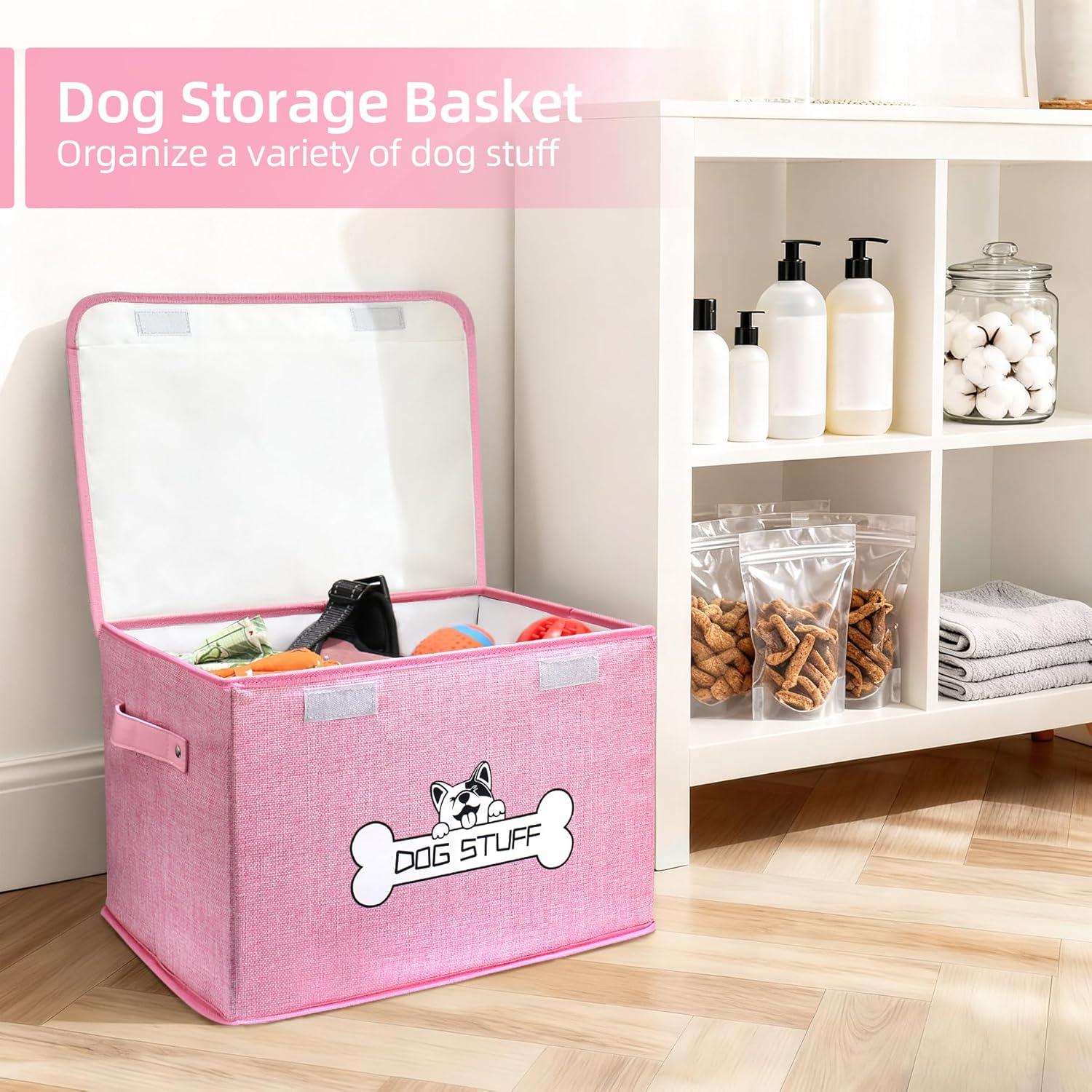 Fabric Dog Toy Box with Lid, Collapsible Storage Bin, Basket Organizer with Handle for Dog Toys, Blankets and Accessories, Pink