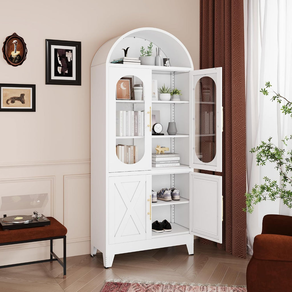 PAOFIN 73" Metal Tall Arched Kitchen Pantry Cabinet, Modern Farmhouse Kitchen Storage Cabinet with 3 Adjustable Shelves, White