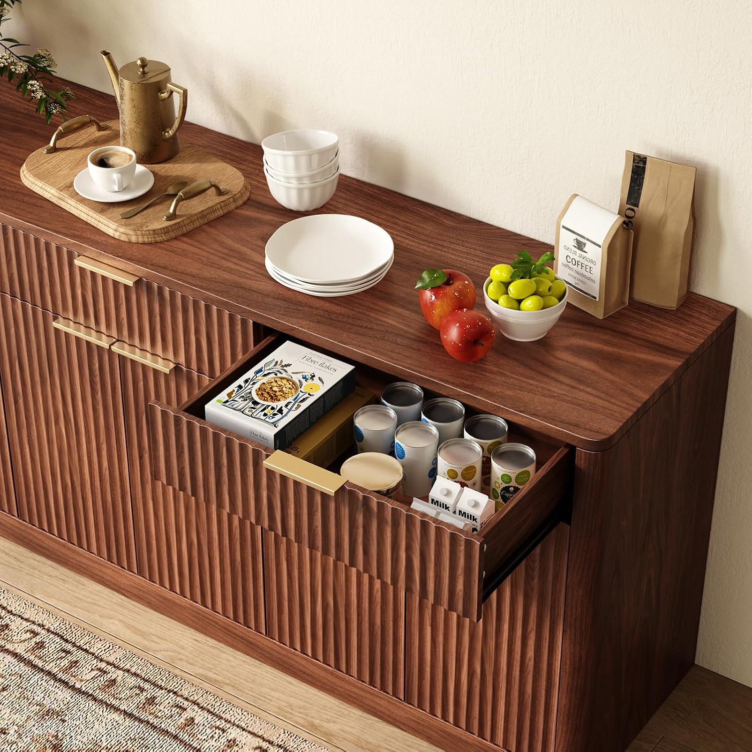 Evermagin 67" Fluted Walnut Sideboard Buffet Cabinet with 3 Drawers, Modern Credenza with Storage, Console Coffee Bar Cabinet for Kitchen, Living Room and Entryway (67" W x 31.5" H x 15.7" D)
