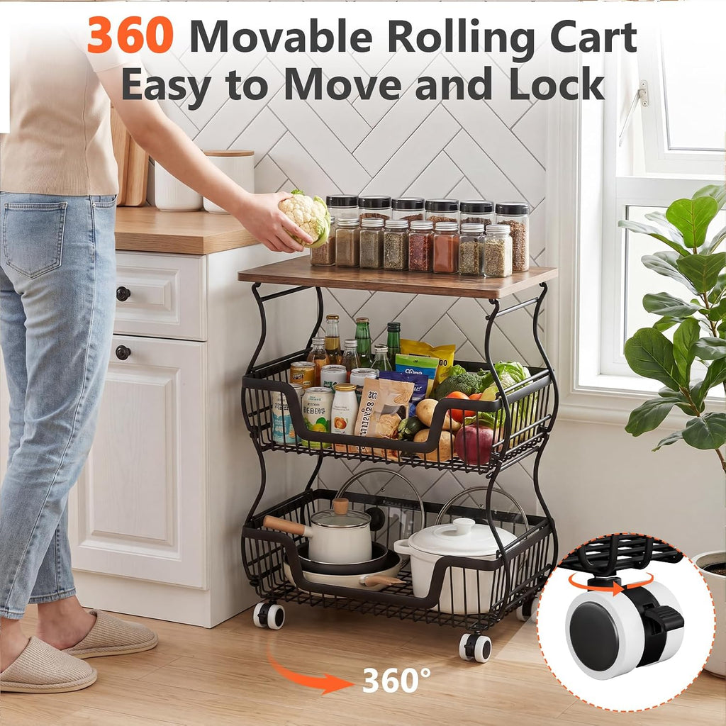 3-Tier Rolling Kitchen Storage Cart Fruit Basket Stand for Vegetables & Snacks Stackable Wire Pantry Floor Organizer with Wheels for Kitchen, Living Room, Bedroom, Office (Black)