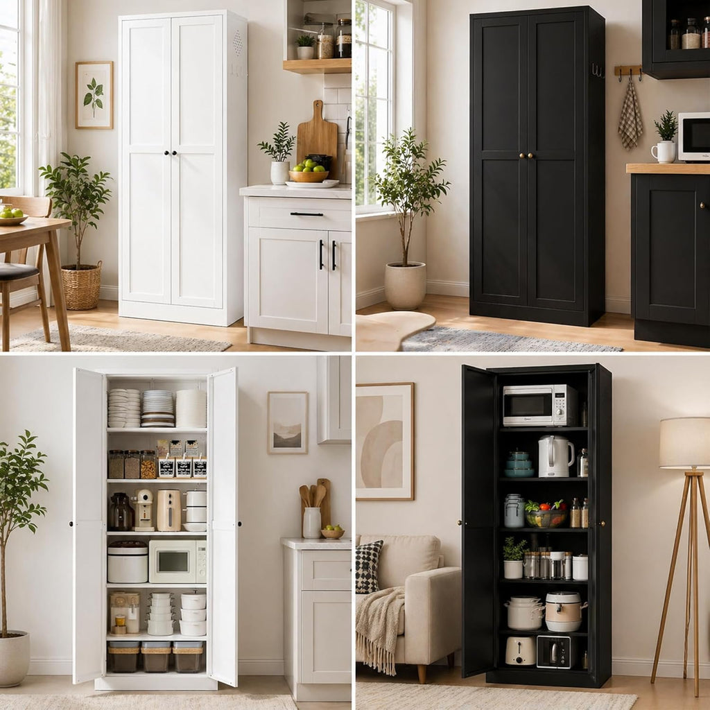 AQY Kitchen Pantry Cabinet,72" White Pantry Storage Cabinet with 5 Tier Adjustable Shelves and 2 Doors,Freestanding Cupboard,Metal Pantry Cabinets with Handle for Living Room Kitchen Assembly Required