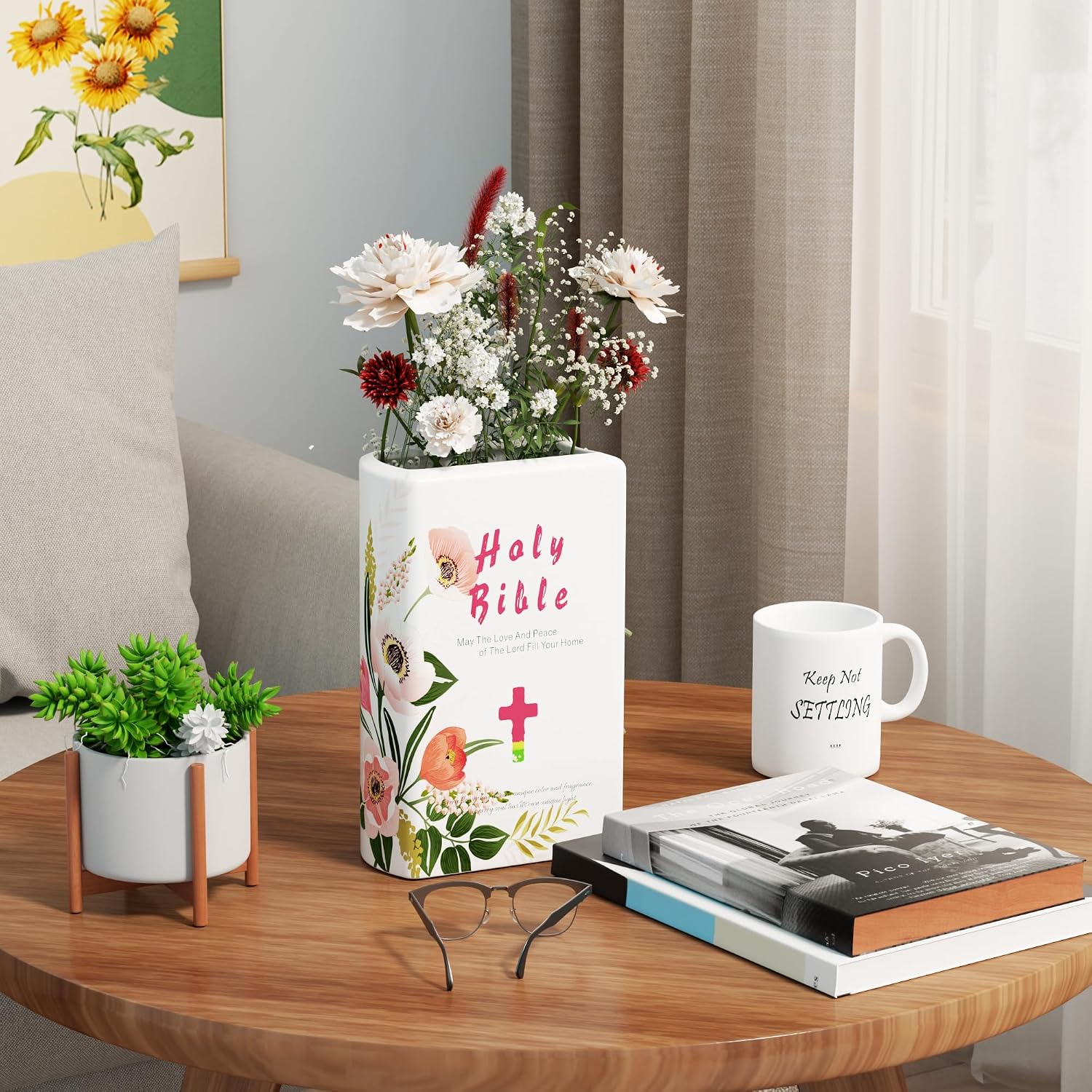 Holy Bible Book Vase, Cute Unique Ceramic Flower Vase - Pink Home Office Desk Accessories Decor, Prayer Room Bookshelf Decorations - Book Lovers Gifts, Religious or Christian Gifts for Women Mom
