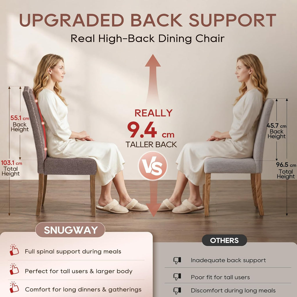 Upholstered Dining Chair Modern Stylish Parsons Kitchen Diner High Back with Silver Nailhead Trim & Wood Legs, Set of 4, Fabric Brown
